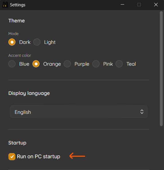 Settings with the autostart toggle