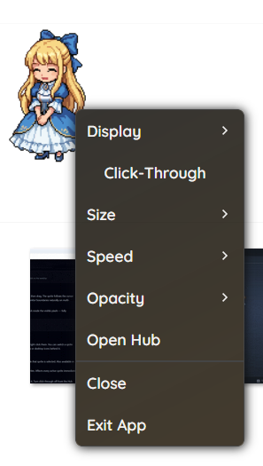 Right-click menu on a desktop sprite