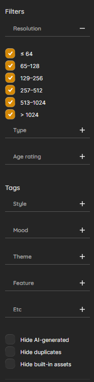 Library filters sidebar