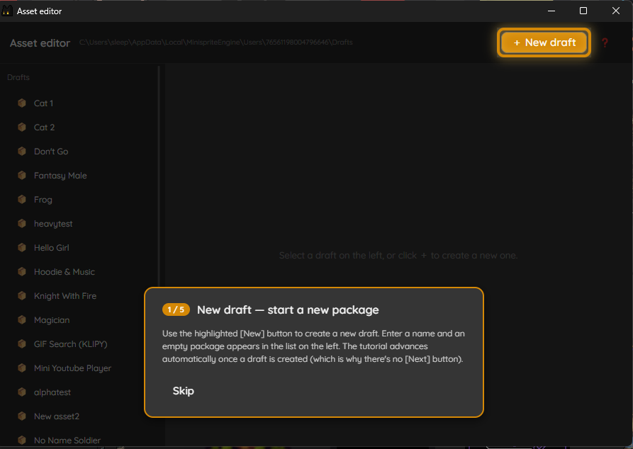 Asset Editor first-open tutorial