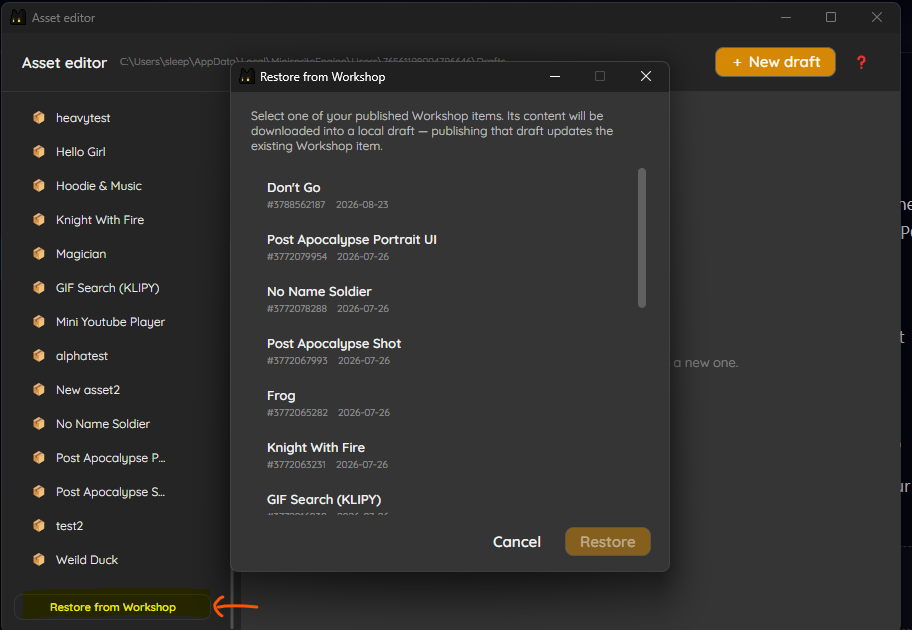 Restore from Workshop dialog