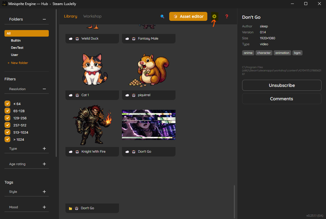 Settings button in the Hub